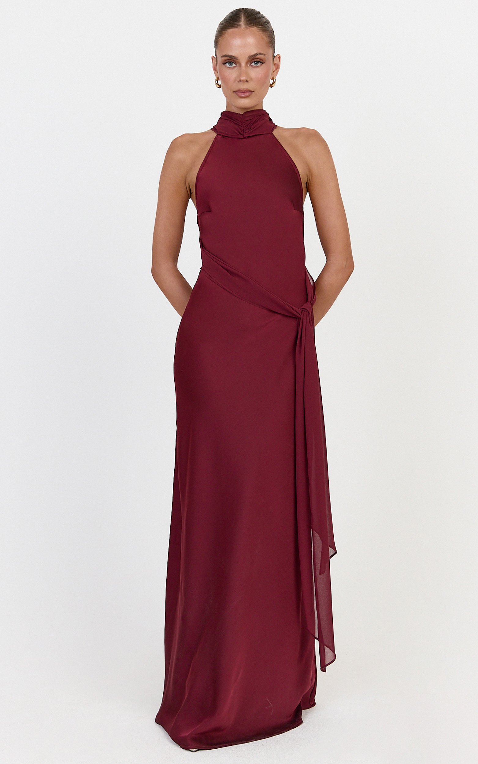 Showpo Kess Maxi Dress - Low Back High Neck Crossover Hip Sash Dress in Wine