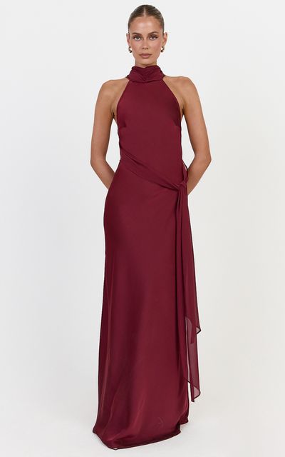 Showpo Kess Maxi Dress - Low Back High Neck Crossover Hip Sash Dress in Wine