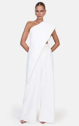 Showpo Kimi Two Piece Top and Pants Set - Asymmetric Longline Top And Wide Leg Pants in Cream