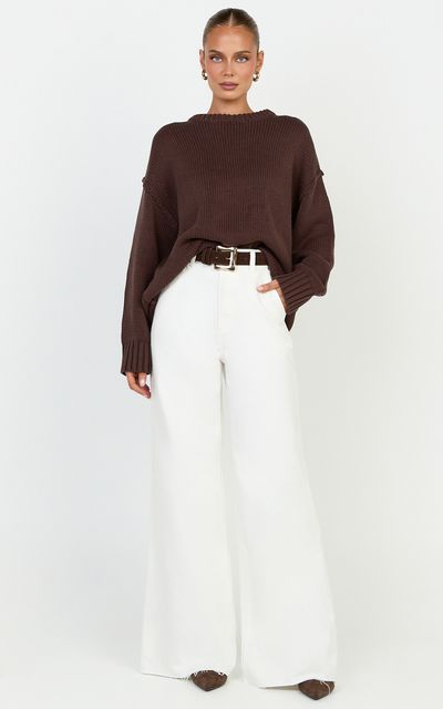 Showpo Kira Jumper - Crew Neck Oversized Knit Jumper in Chocolate