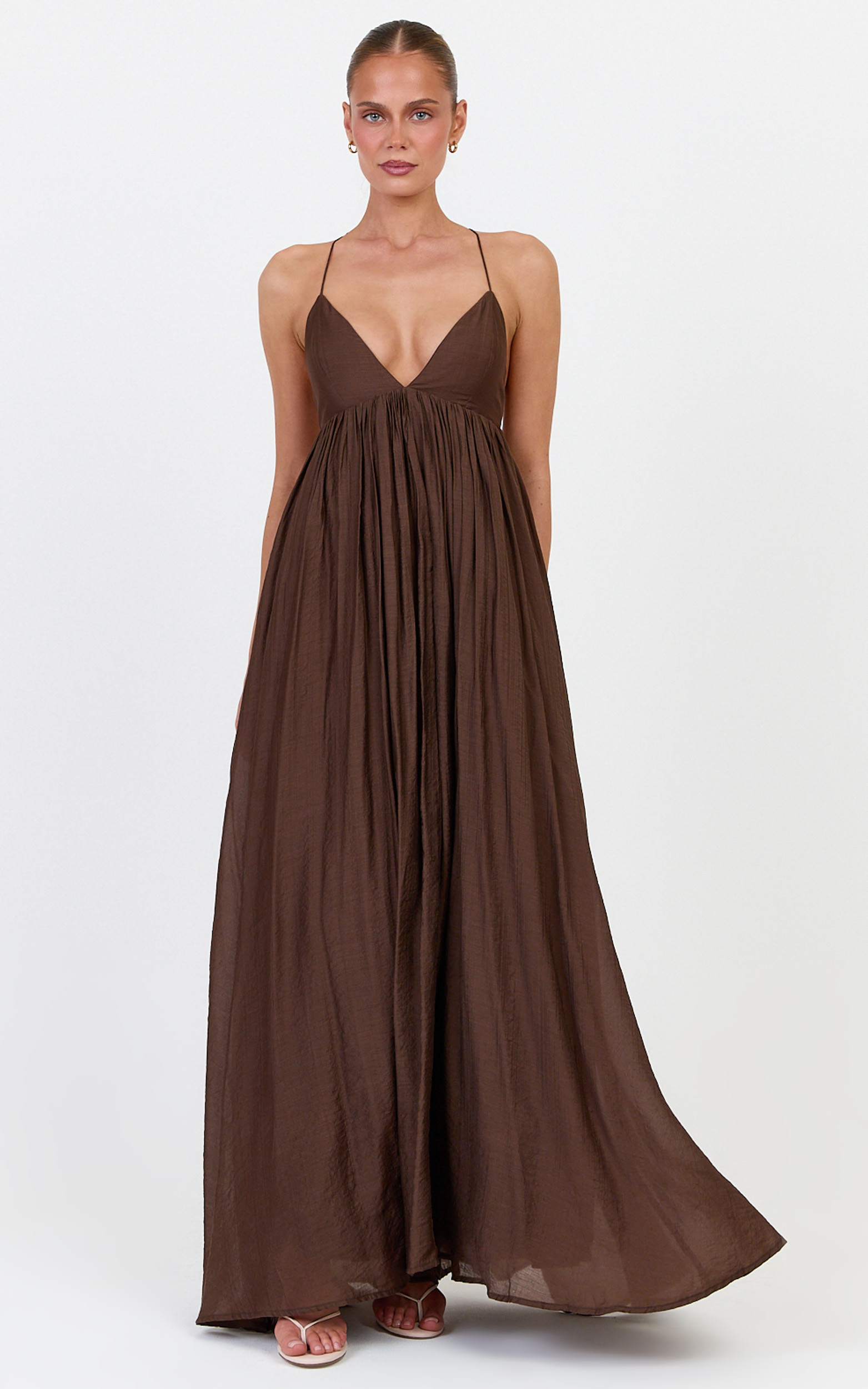 Showpo Kourtney Maxi Dress - V Neck Fit And Flare Dress With Tie Back Detail in Chocolate