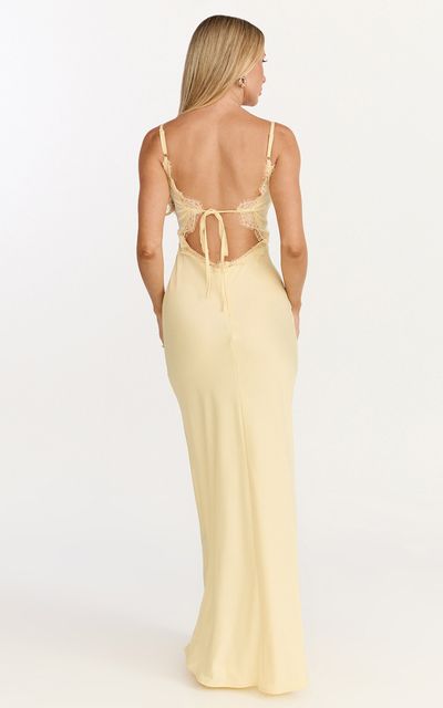 Showpo Kyra Maxi Dress - Lace Bust And Tie Back Satin Dress in Lemon