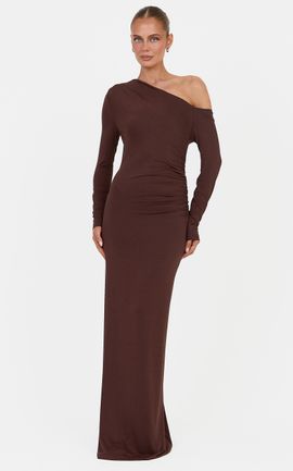 Showpo Lacy Maxi Dress - Asymmetrical Off Shoulder Long S in Chocolate