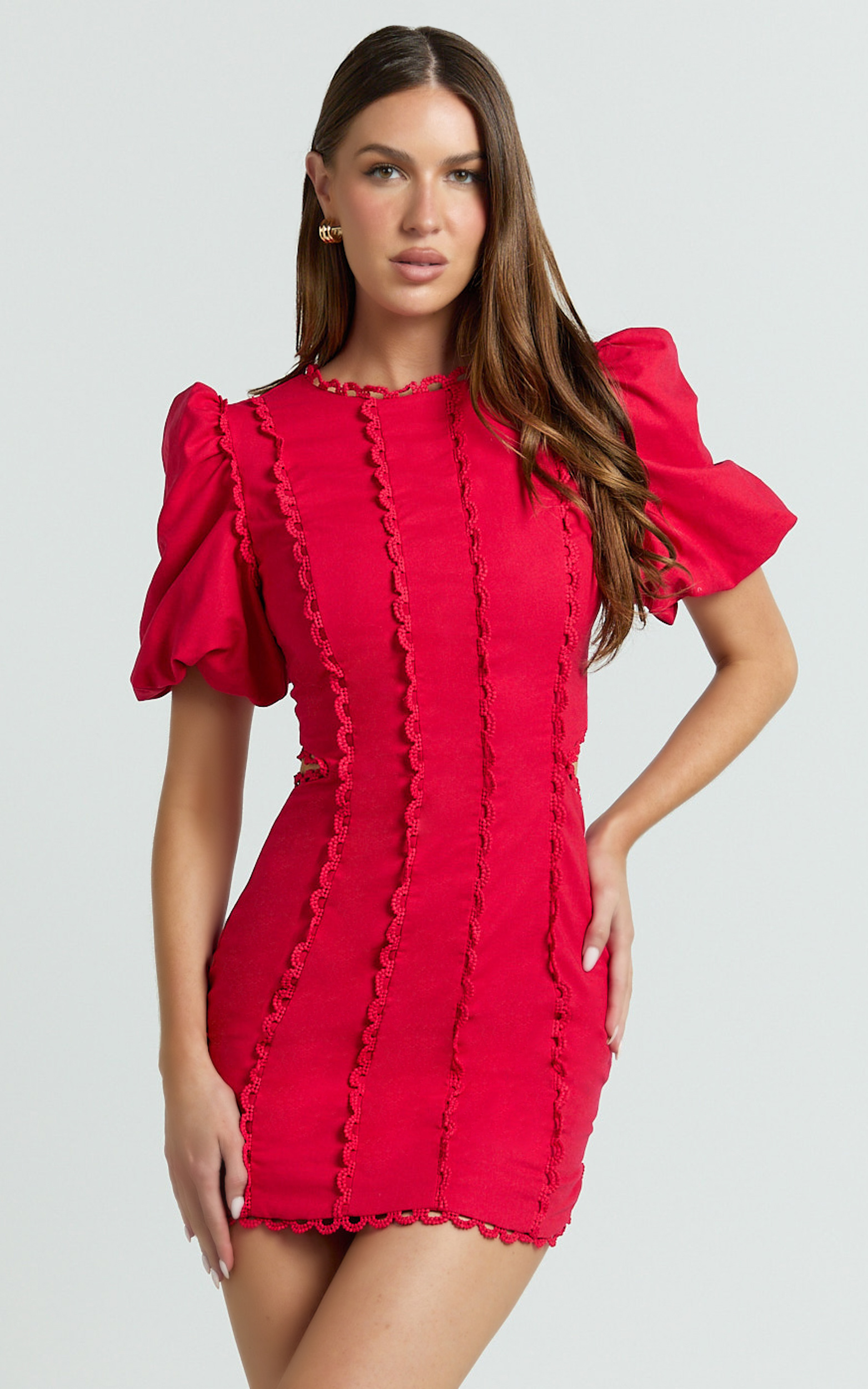 Showpo Laila Mini Linen Blend Dress - High Neck Side Cut Out Puff Sleeve Straight Dress in Red