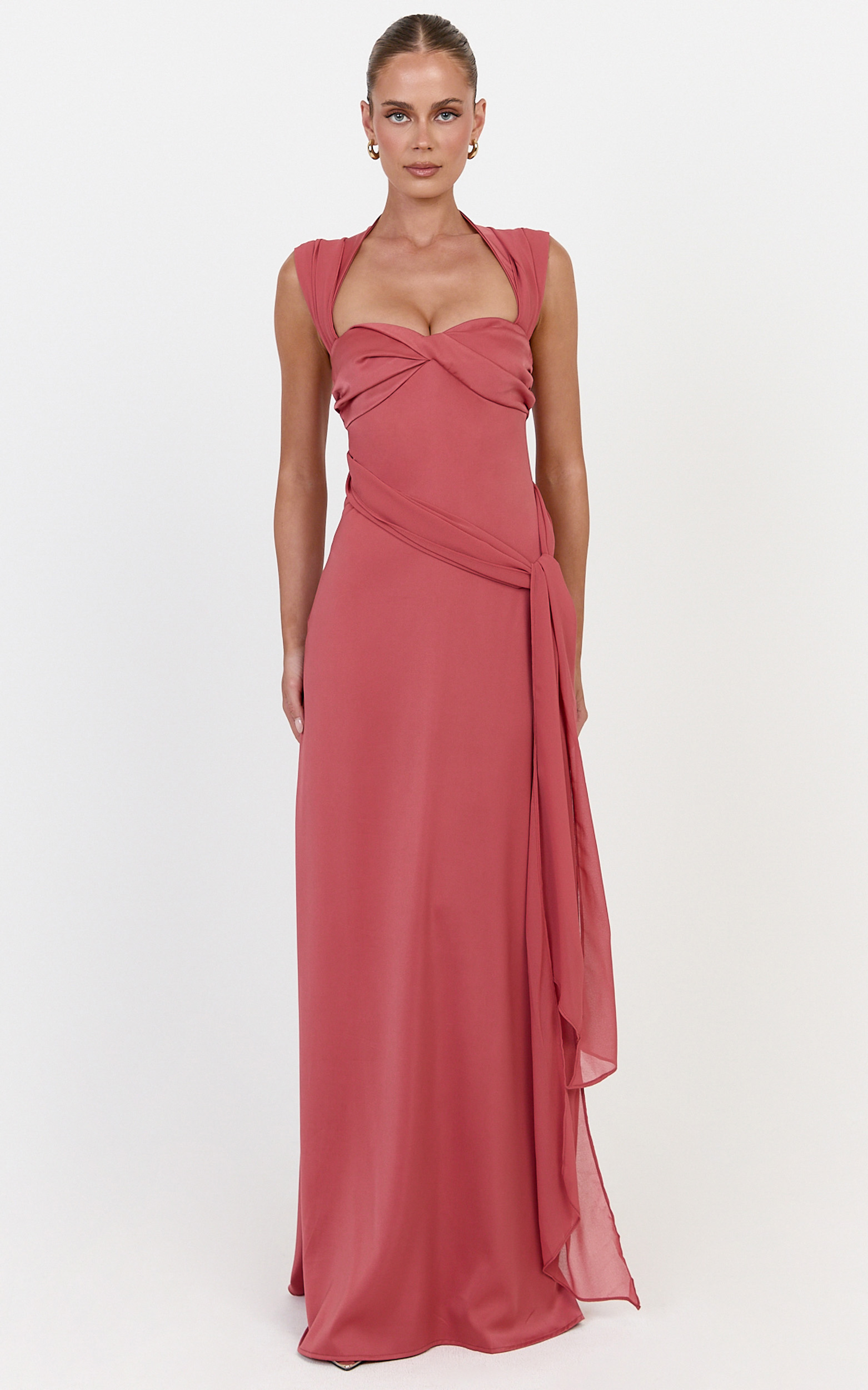 Showpo Lana Maxi Dress - High Neck Contrast Hip Drape Sash Dress With Crossover Back in Rose