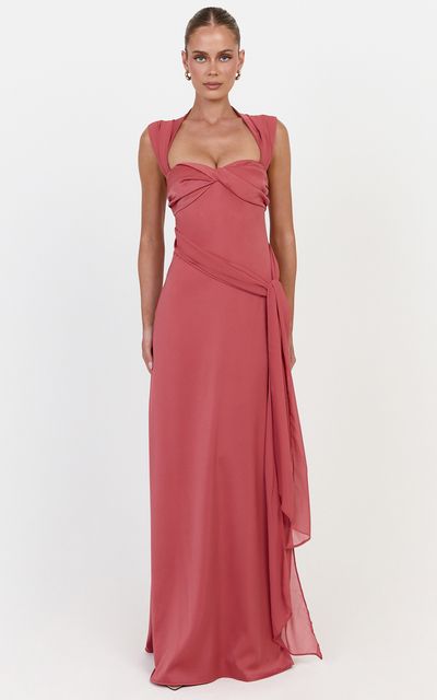 Showpo Lana Maxi Dress - High Neck Contrast Hip Drape Sash Dress With Crossover Back in Rose