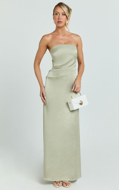 Showpo Laurie Maxi Dress - Strapless Draped Satin Dress in Light Olive