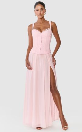 Showpo Leah Maxi Dress - Drop Waist Bustier Maxi Dres With Lace Bust Detail And Chiffon Skirt in Pink