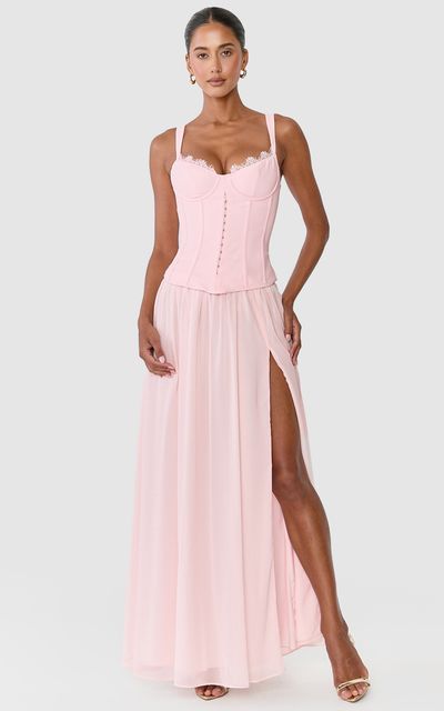 Showpo Leah Maxi Dress - Drop Waist Bustier Maxi Dres With Lace Bust Detail And Chiffon Skirt in Pink