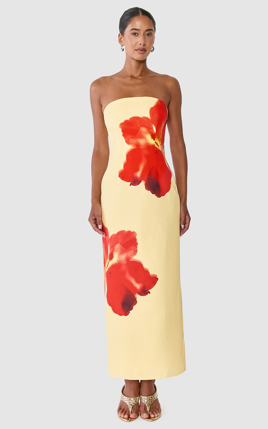 Showpo Leah Maxi Dress - Strapless Placement Floral Print Dress in Floral Emberlight