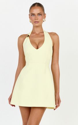 Showpo Leilani Mini Dress - Plunge Gold Hardware Fit and Flare Dress in Lemon
