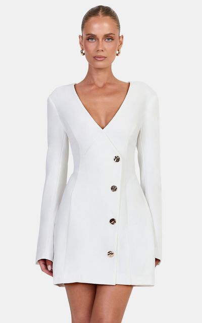 Showpo Leontine Mini Dress - Deep V Neck Faux Gold Button Front Dress in White