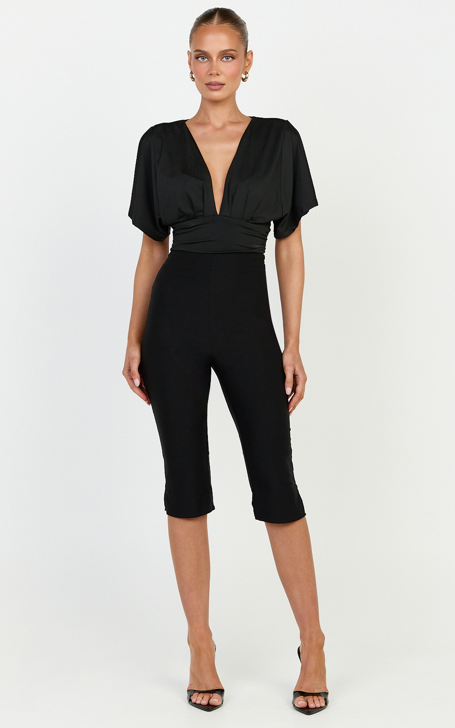Showpo Liana Bodysuit - Plunge Neck Wide Sleeve Bodysuit in Black