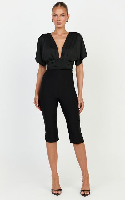 Showpo Liana Bodysuit - Plunge Neck Wide Sleeve Bodysuit in Black