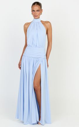 Showpo Lila Maxi Dress - Backless High Neck Halter Dress in Blue
