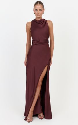 Showpo Lillian Maxi Dress - Racerback Cowl Neck Draped Satin Dress in Plum