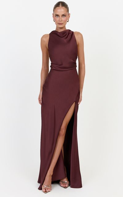 Showpo Lillian Maxi Dress - Racerback Cowl Neck Draped Satin Dress in Plum