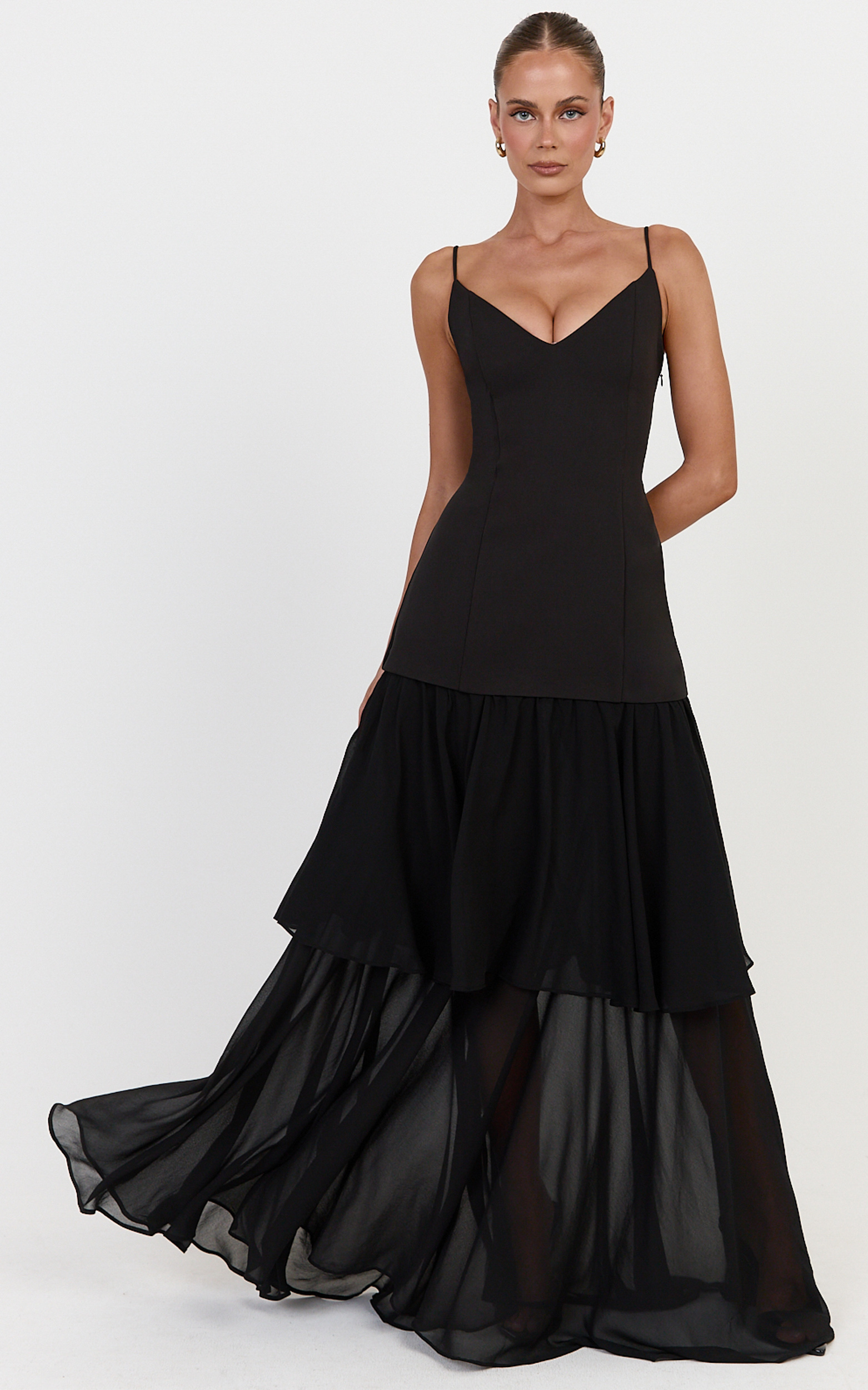 Showpo Lily Maxi Dress - Lace Up Back V Neck Tiered Georgette Dress in Black