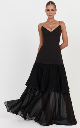 Showpo Lily Maxi Dress - Lace Up Back V Neck Tiered Georgette Dress in Black