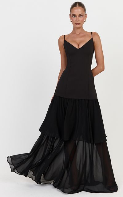 Showpo Lily Maxi Dress - Lace Up Back V Neck Tiered Georgette Dress in Black
