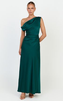 Showpo Lira Maxi Dress - One Shoulder Satin Dress in Emerald