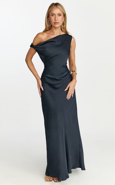 Showpo Lira Maxi Dress - One Shoulder Satin Dress in Navy
