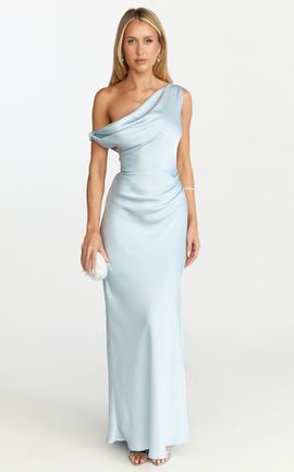Showpo Lira Maxi Dress - One Shoulder Satin Dress in Pale Blue