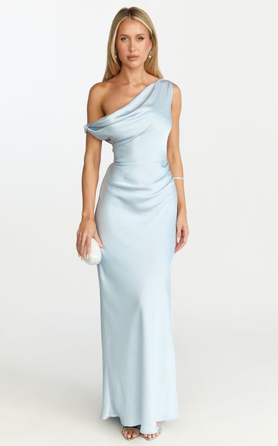 Showpo Lira Maxi Dress - One Shoulder Satin Dress in Pale Blue