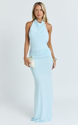 Showpo Lizzy Maxi Dress - Backless Ruched Bodycon Dress in Blue
