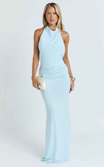 Showpo Lizzy Maxi Dress - Backless Ruched Bodycon Dress in Blue
