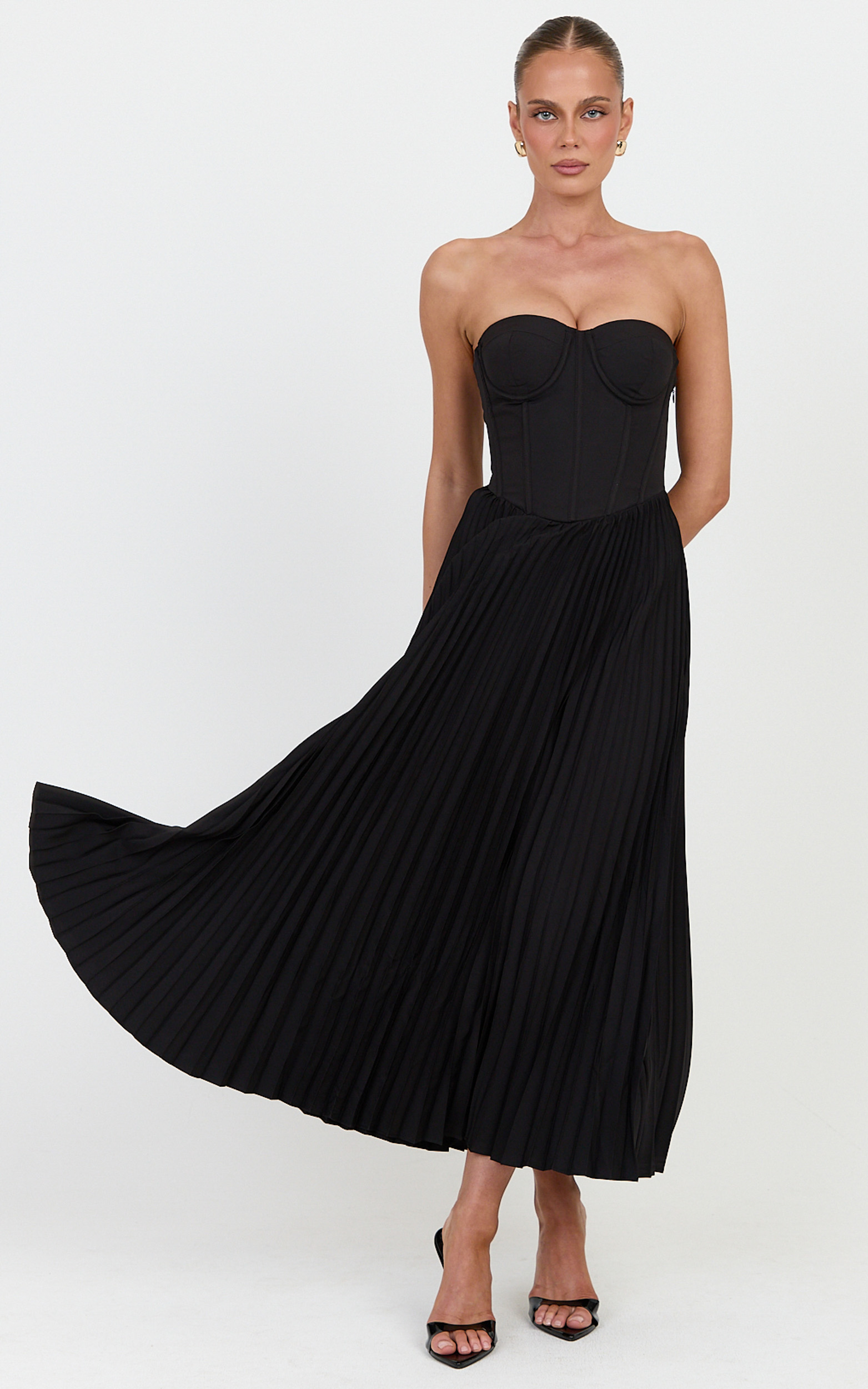 Showpo Loretta Midi Dress - Lace Up Back Bustier Pleated Dress in Black