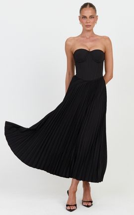Showpo Loretta Midi Dress - Lace Up Back Bustier Pleated Dress in Black