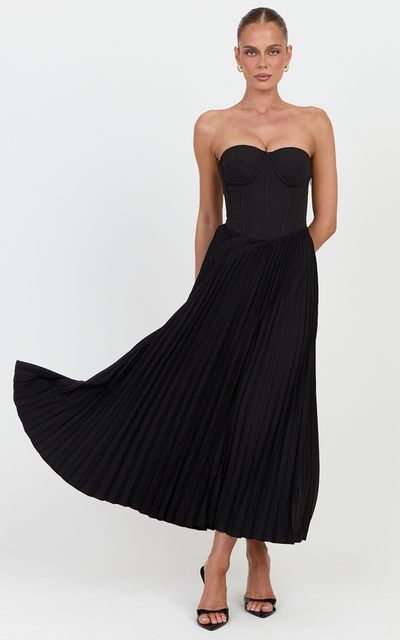 Showpo Loretta Midi Dress - Lace Up Back Bustier Pleated Dress in Black