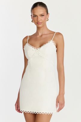 Showpo Loya Mini Dress - Scallop Lace Trim Mini Dress in Off White
