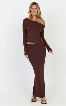 Showpo Lulu Two Piece Top and Skirt Set - Asymmetrical Button Detail Top And Maxi Skirt Set in Chocolate
