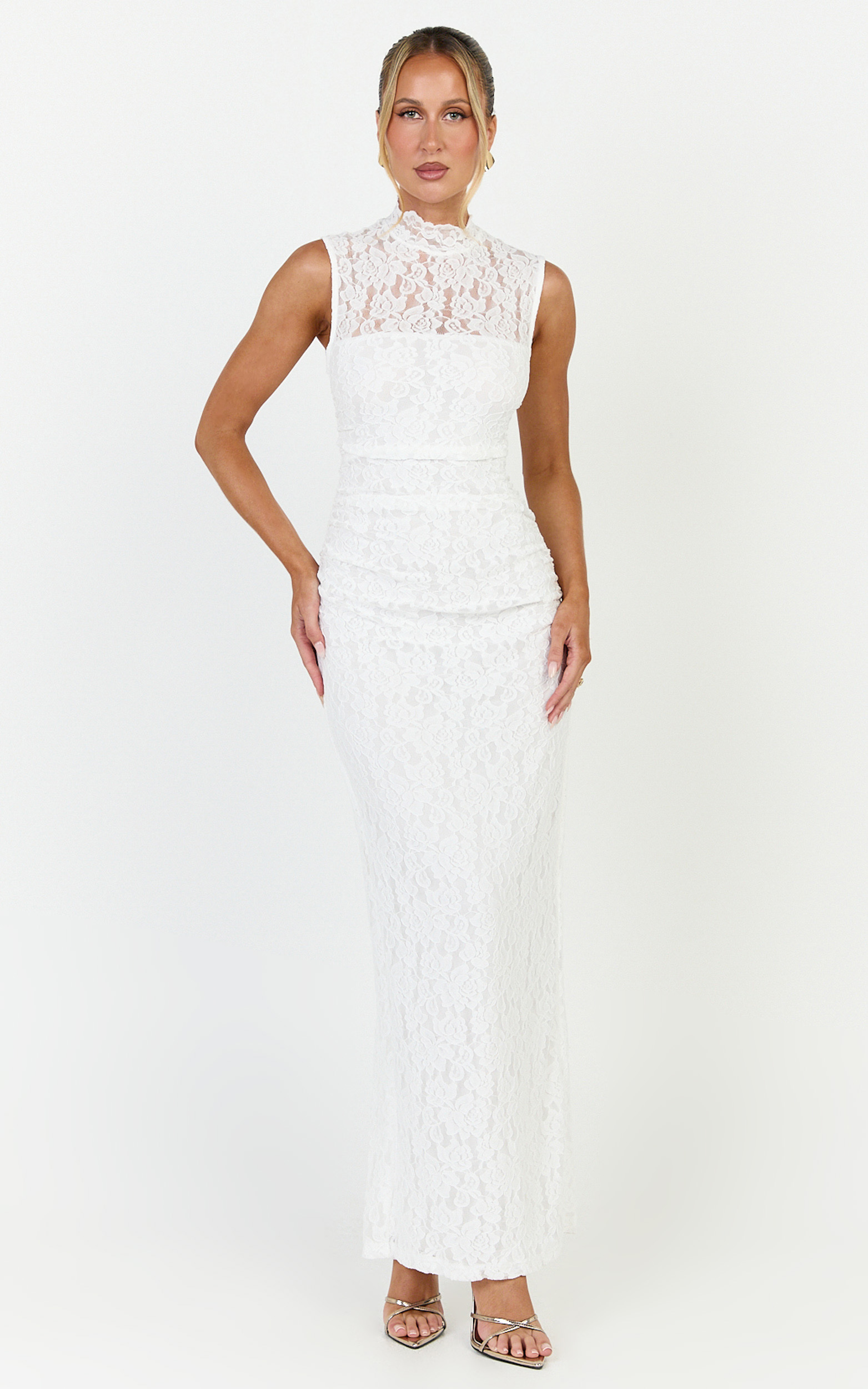 Showpo Luna Maxi Dress - Lace High Neck Sleeveless Dress in White