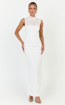 Showpo Luna Maxi Dress - Lace High Neck Sleeveless Dress in White