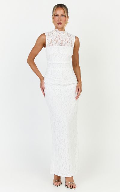 Showpo Luna Maxi Dress - Lace High Neck Sleeveless Dress in White