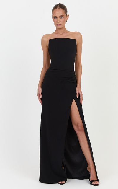 Showpo Marcella Maxi Dress - Strapless Square Neck Corset Bodice Dress With Leg Split And Tuck Detail in Black