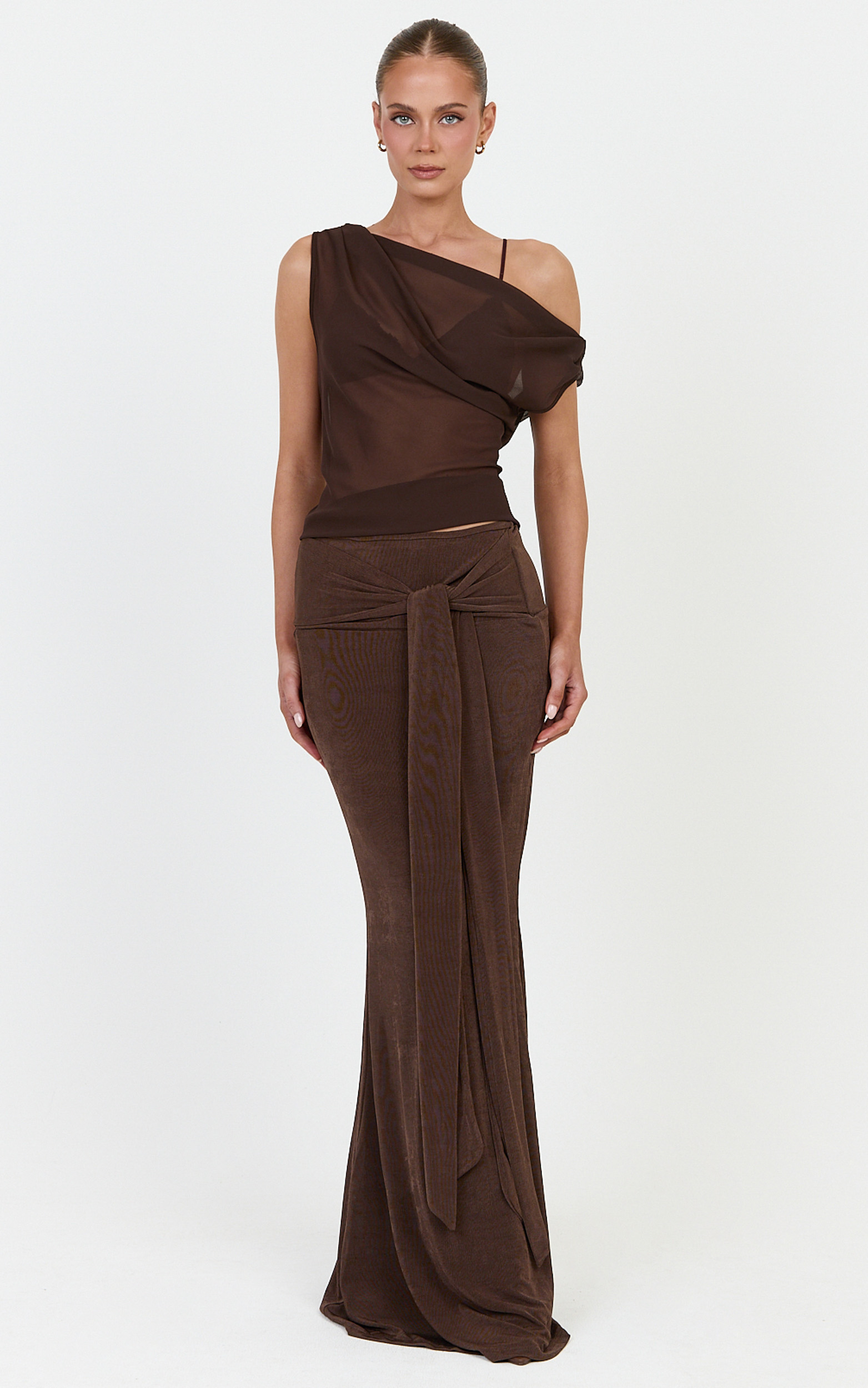 Showpo Margaret Maxi Skirt - Tie Waist Jersey Maxi Skirt in Chocolate