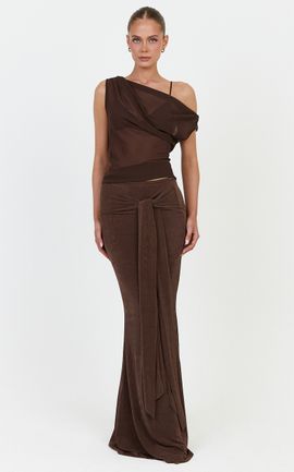 Showpo Margaret Maxi Skirt - Tie Waist Jersey Maxi Skirt in Chocolate