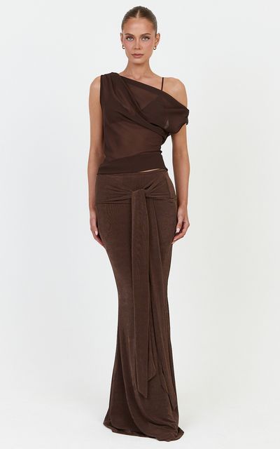 Showpo Margaret Maxi Skirt - Tie Waist Jersey Maxi Skirt in Chocolate