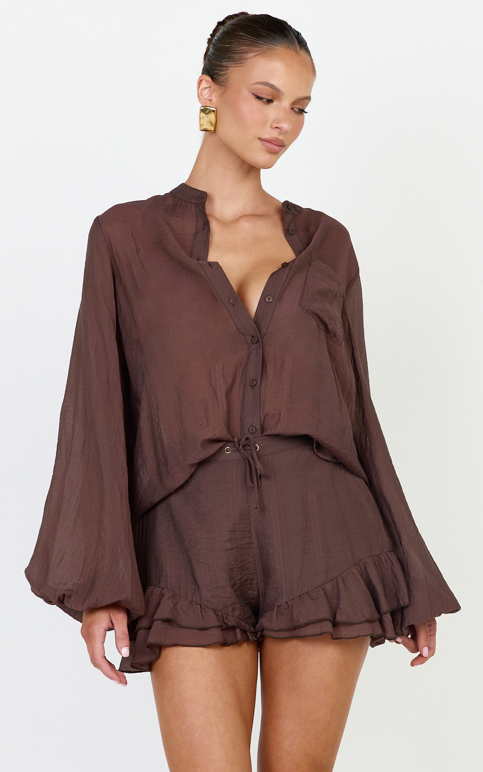 Showpo Marina Top - Sheer Full Sleeve Button Up Blouse in Chocolate