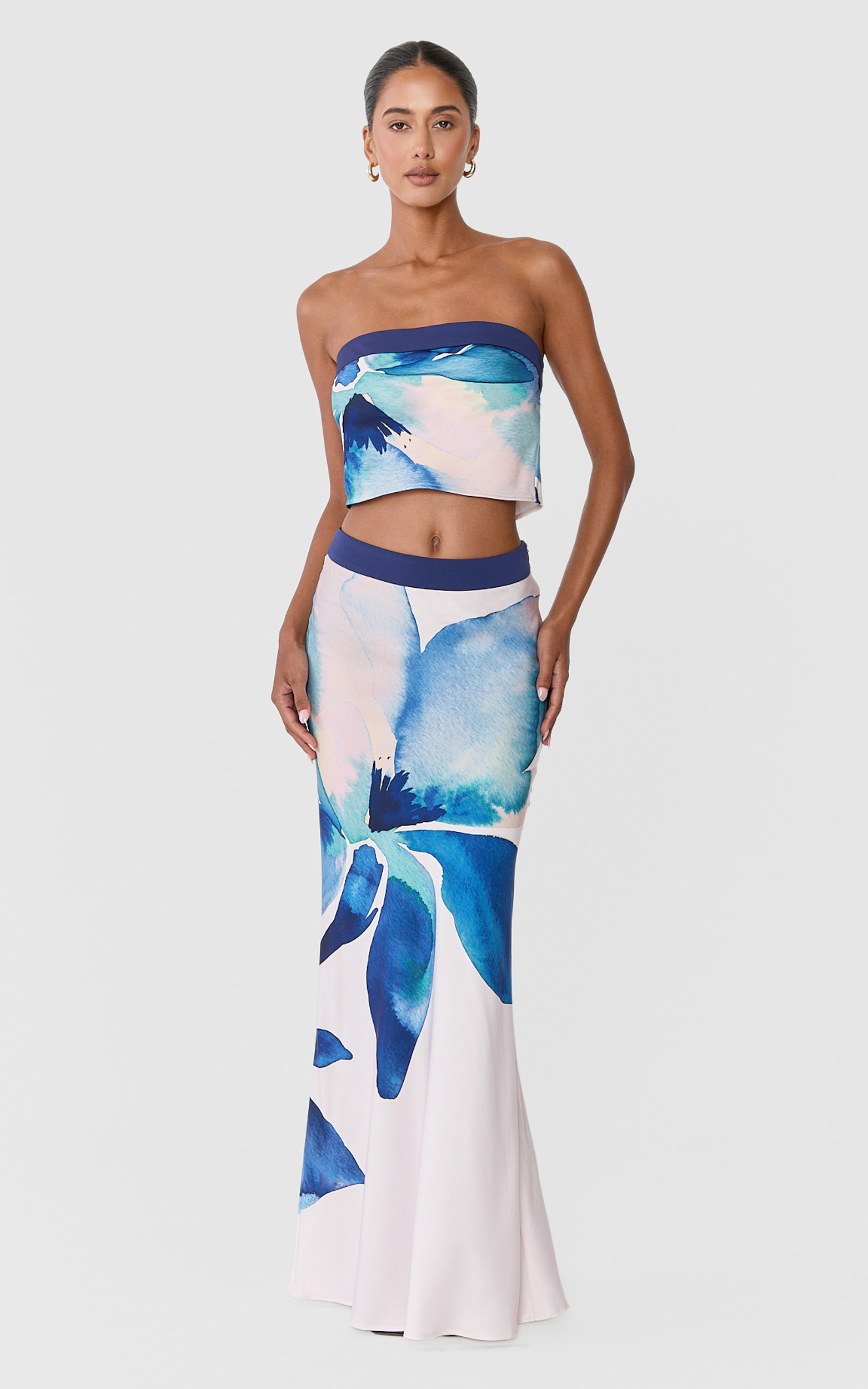 Showpo Marina Two Piece Set - Strapless Top and Maxi Skirt Set in Navy Watercolour Floral Print