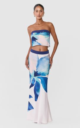 Showpo Marina Two Piece Set - Strapless Top and Maxi Skirt Set in Navy Watercolour Floral Print