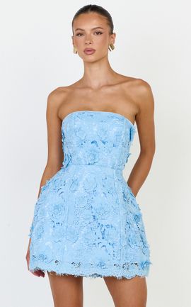 Showpo Maristella Mini Dress - Strapless Lace Up Back A Line Dress in Blue