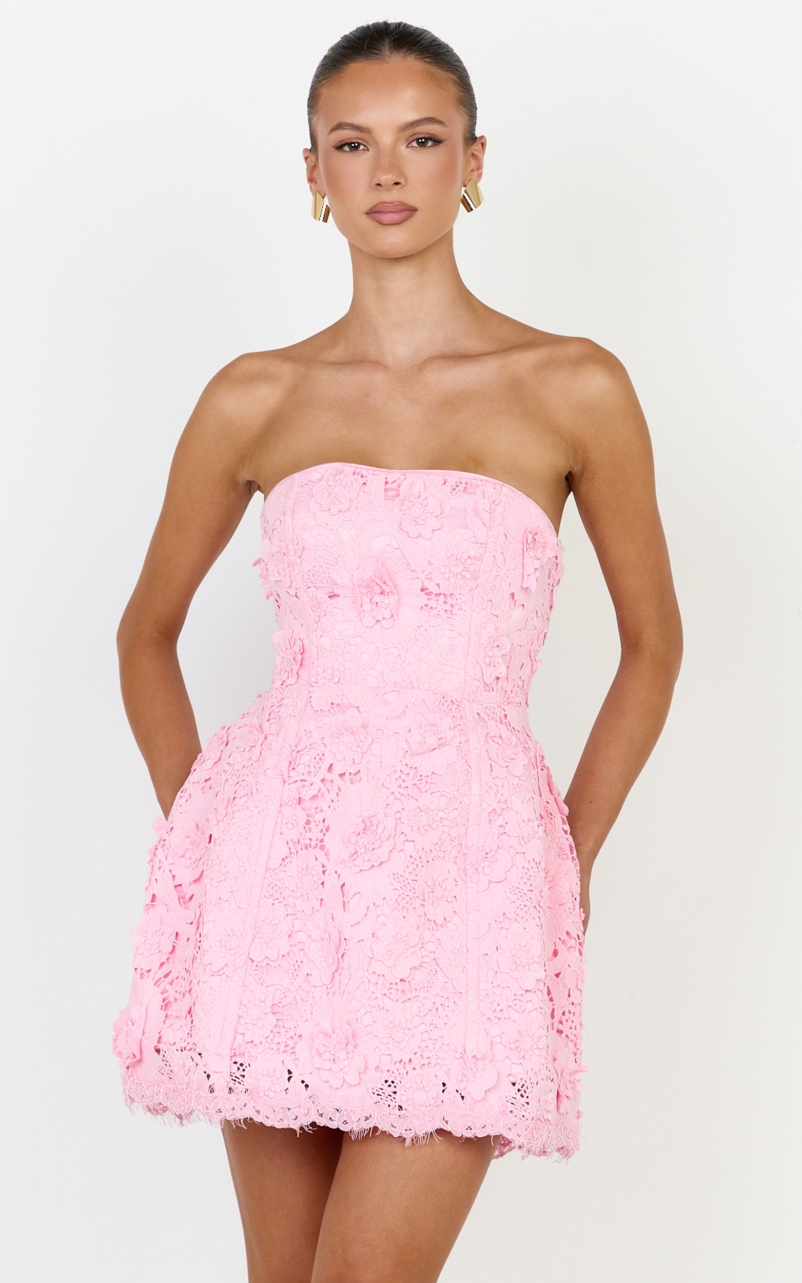 Showpo Maristella Mini Dress - Strapless Lace Up Back A Line Dress in Pink