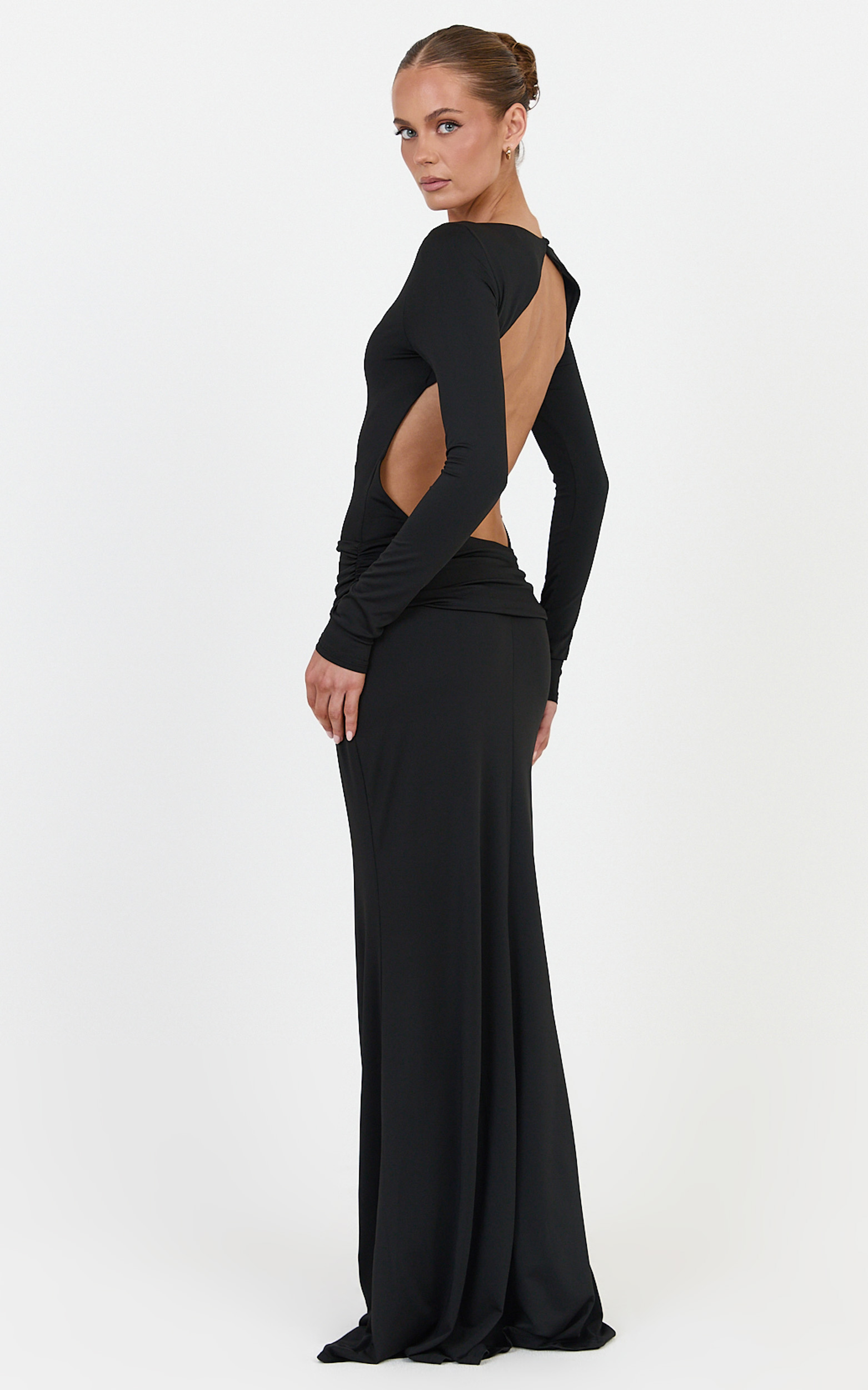 Showpo Maud Maxi Dress - Long Sleeve Open Back Dress With Hip Ruching Detail in Black