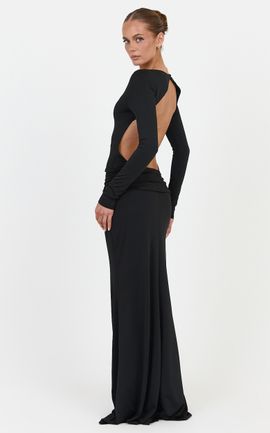 Showpo Maud Maxi Dress - Long Sleeve Open Back Dress With Hip Ruching Detail in Black