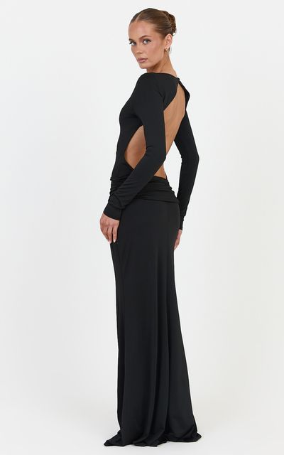 Showpo Maud Maxi Dress - Long Sleeve Open Back Dress With Hip Ruching Detail in Black